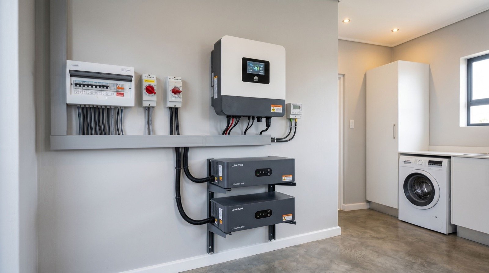 Solar inverter and battery storage system on a wall